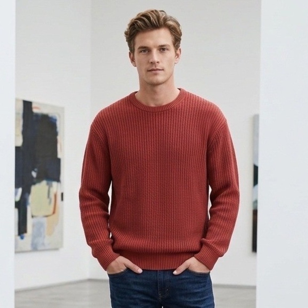 Lands End Mens Drifter Ribbed Shaker Knit Cotton Sweater Red XL 46-48 Fall